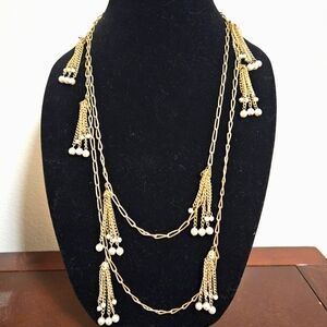 Extra long faux pearl tassel necklace